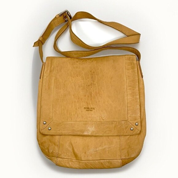 PERLINA New York Handbag Women's TAN Leather Adjustable Crossbody Shoulder Bag - Picture 1 of 16